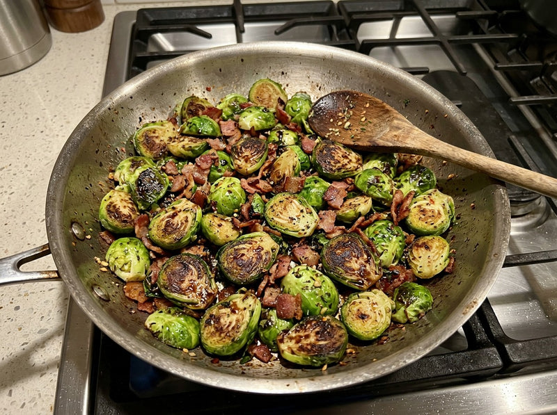 Pan-cooked Brussels sprouts with bacon and balsamic