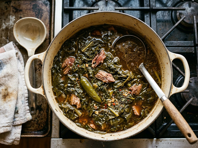 Pot of slow-cooked mixed greens with smoked turkey