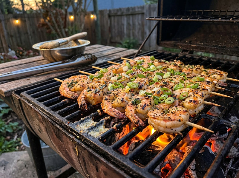Grilled shrimp skewers with char marks and lemon