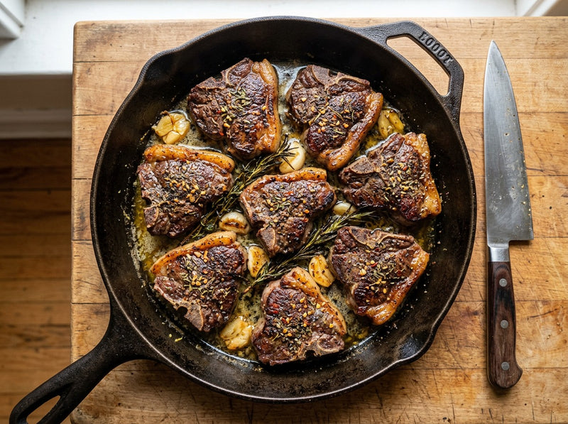 Roasted lamb chops with a seasoned crust in a cast iron skillet