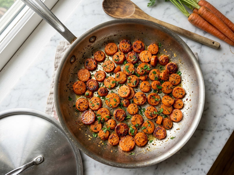 Sautéed carrot coins with browned edges and parsley in a skillet