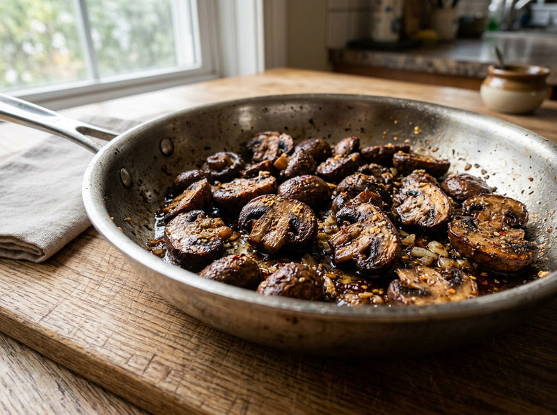 Deeply browned sautéed mushrooms in a skillet