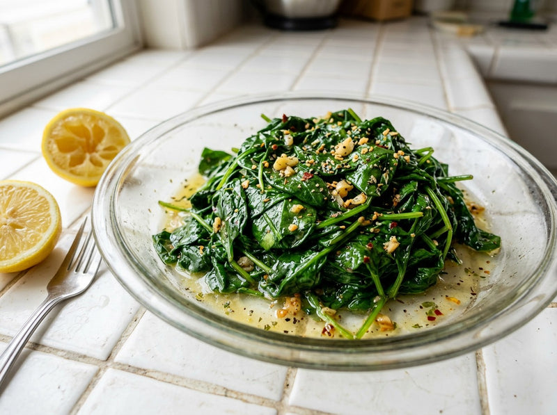 Sautéed spinach with garlic in a glass serving dish
