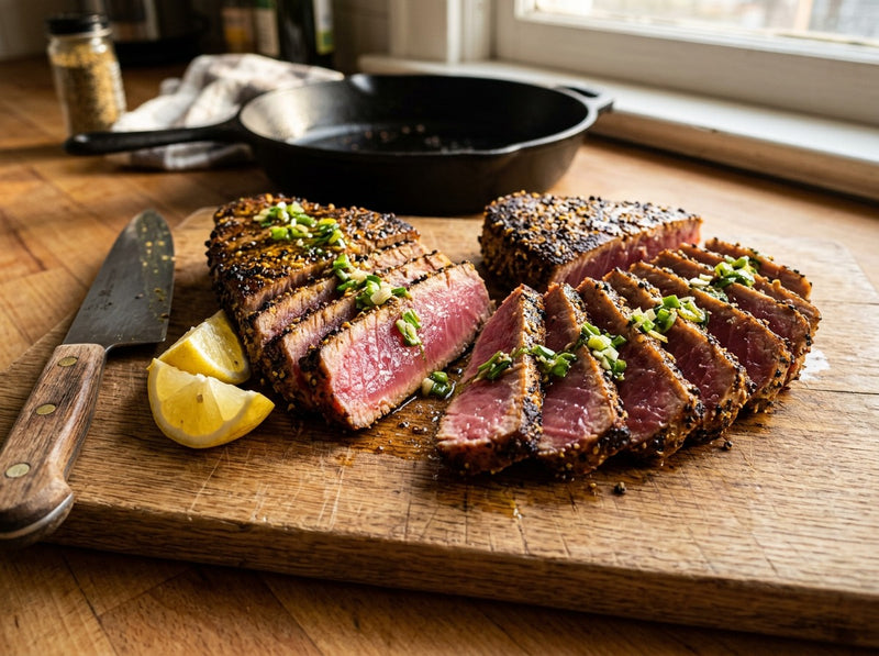 Seared tuna steaks sliced to show a rosy center on a cutting board
