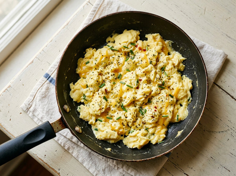 Soft scrambled eggs with melted cheddar and chives in a skillet