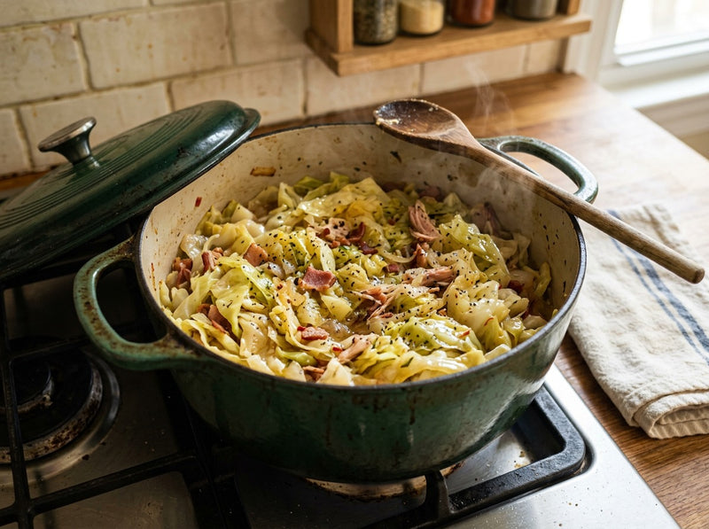 Smothered cabbage with bacon and smoked turkey in a Dutch oven