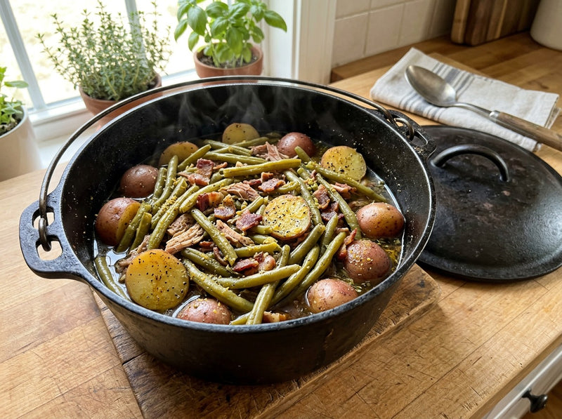 Southern string beans with new potatoes and bacon in a Dutch oven