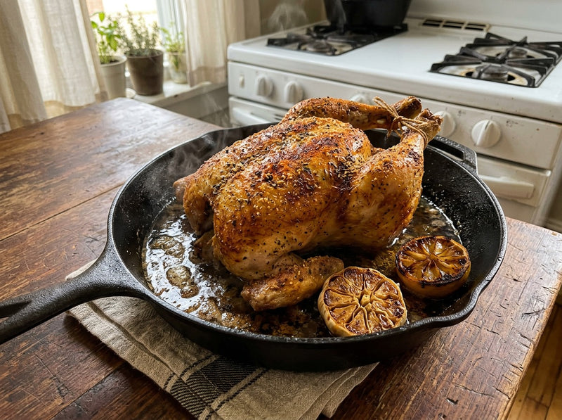Whole roasted chicken with golden crisp skin in a cast iron skillet with roasted lemon and garlic