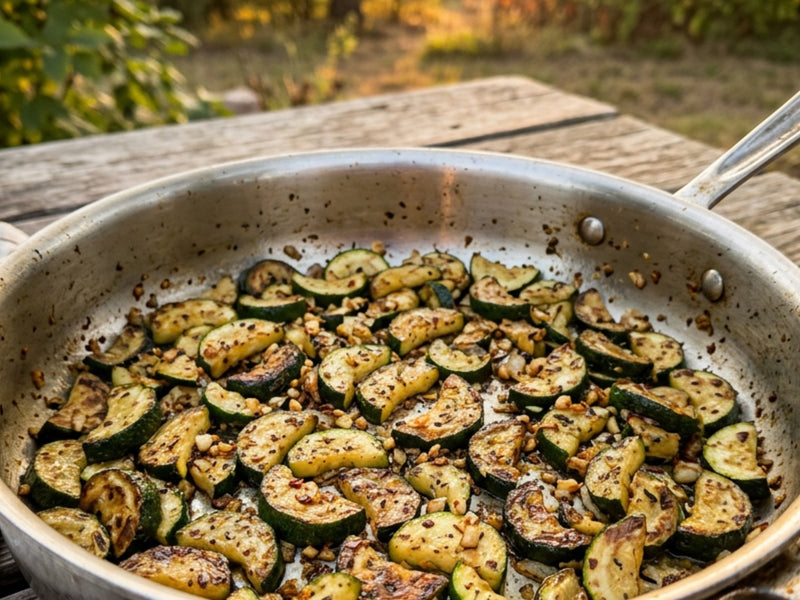 Golden-browned sautéed zucchini with garlic in a stainless steel pan on a wooden table outdoors