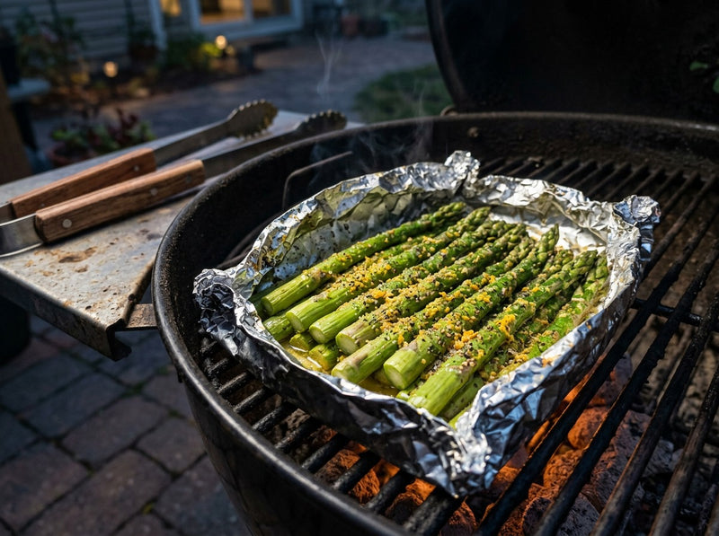 Grilled asparagus spears with char marks