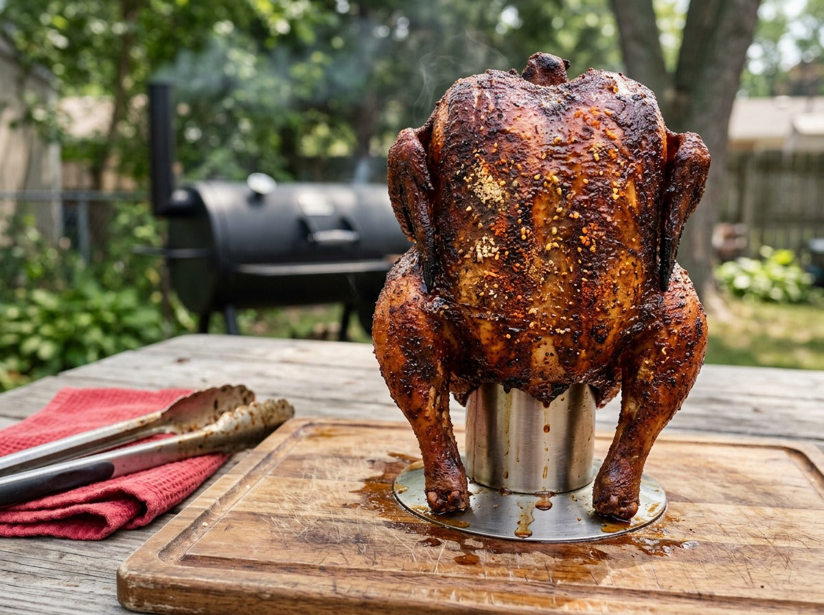 Whole smoked beer can chicken with deep mahogany skin on the grill