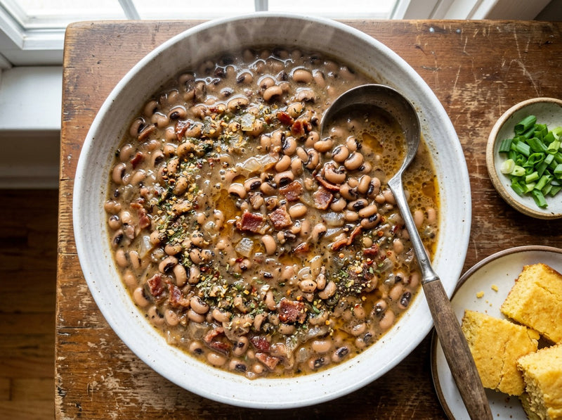 Creamy black-eyed peas with bacon in a white serving bowl