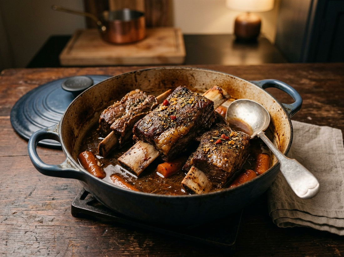 Braised bone-in short ribs in a rich sauce in a blue Dutch oven