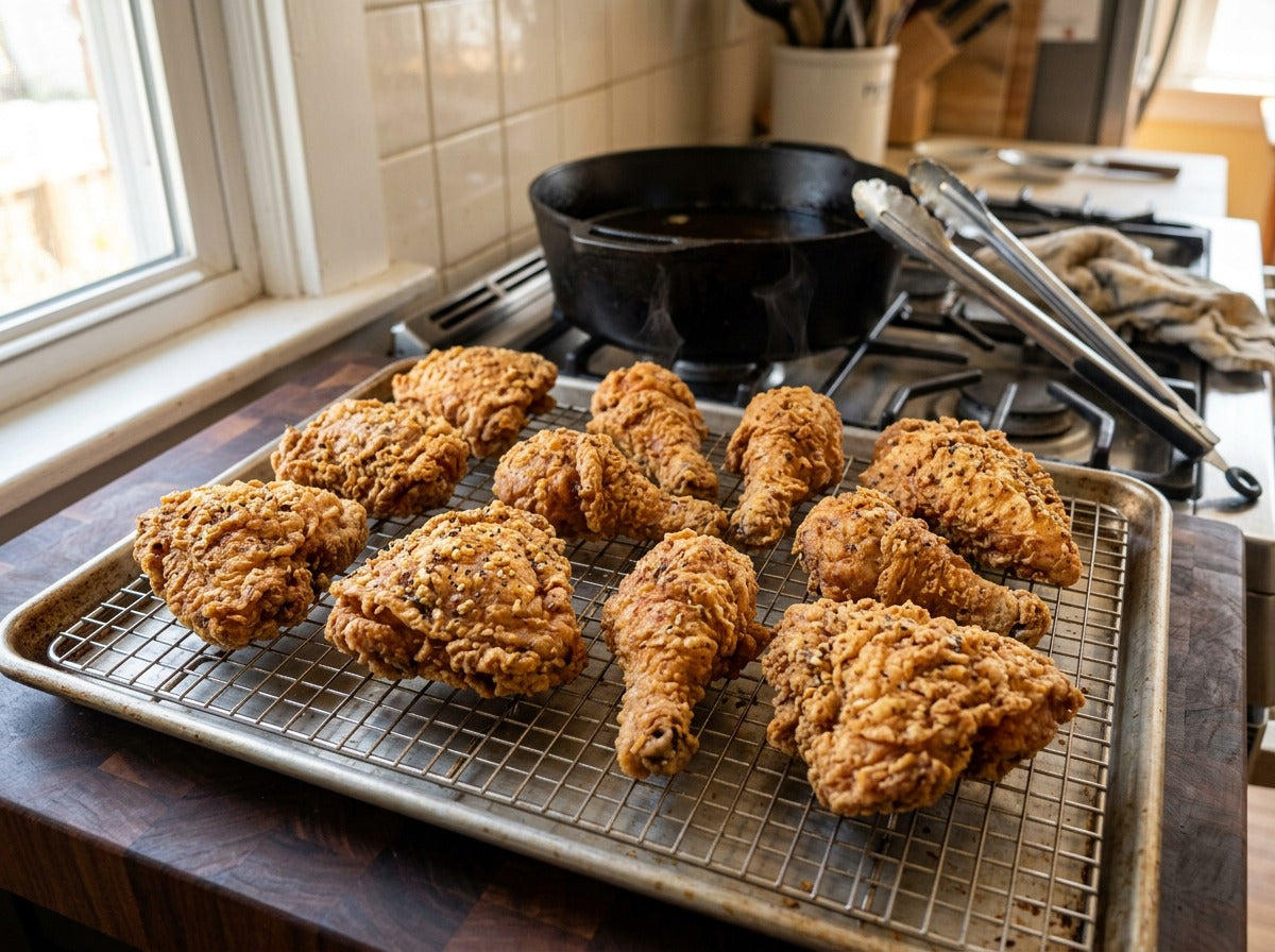 Golden buttermilk fried chicken resting on a wire rack