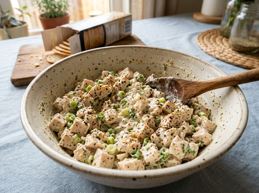 Creamy chicken salad with celery in a serving bowl