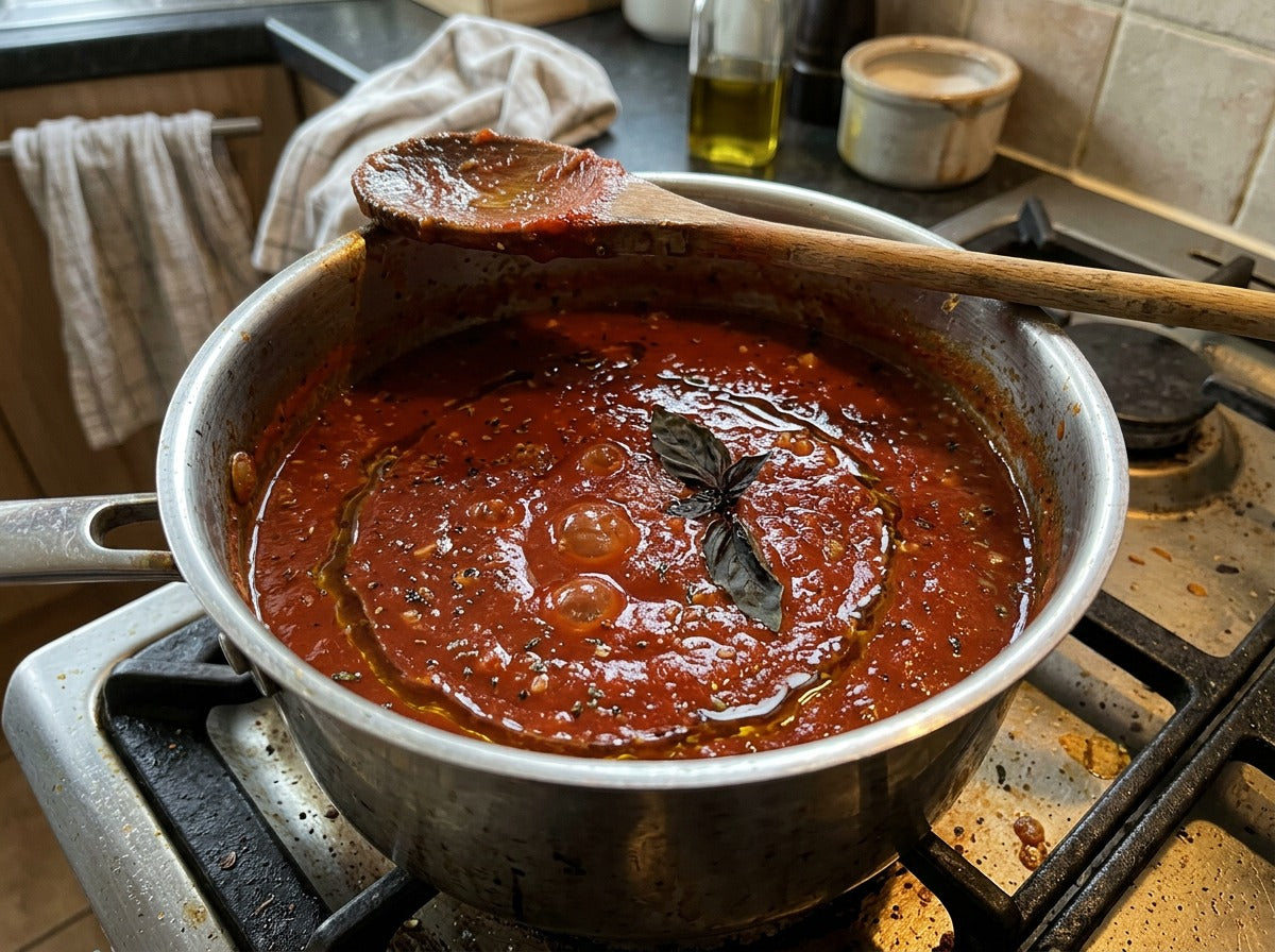Slow-simmered tomato sauce with basil in a saucepan