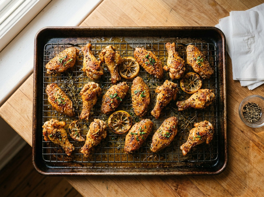Crispy lemon pepper chicken wings on a wire rack over a sheet pan