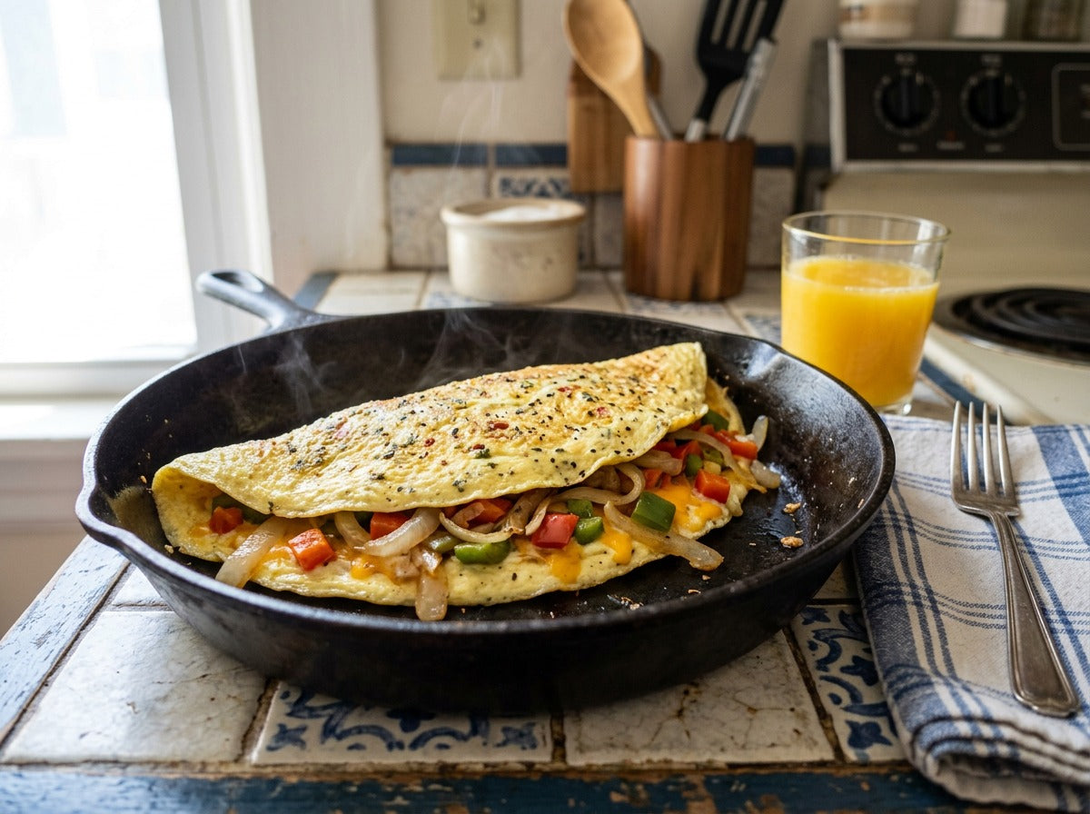 Folded omelet with peppers, onions and melted cheese