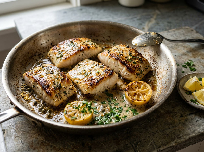 Pan-seared halibut fillets basted with butter and capers in a stainless steel skillet