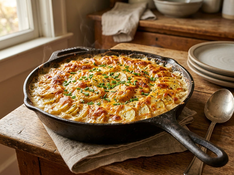 Bubbling potatoes au gratin with a golden cheese crust in a baking dish