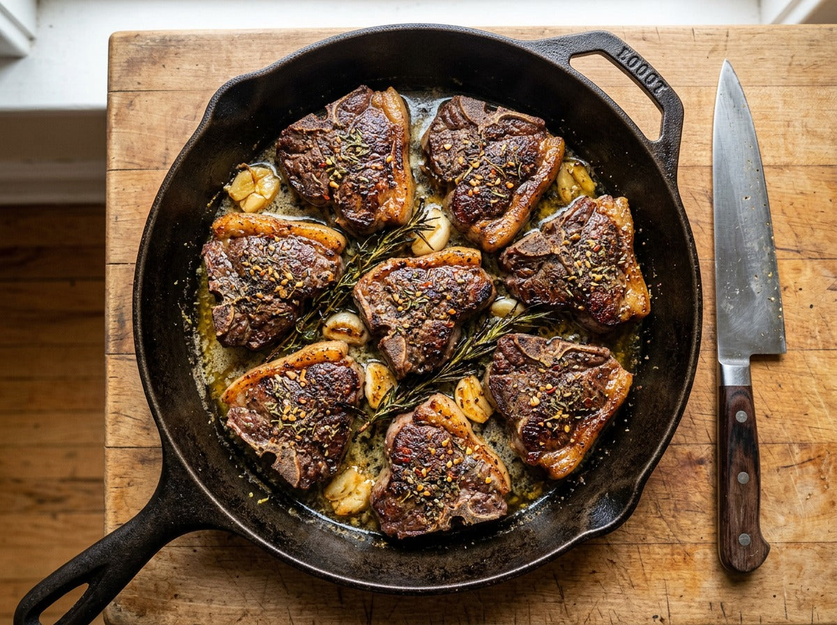 Roasted lamb chops with a seasoned crust in a cast iron skillet