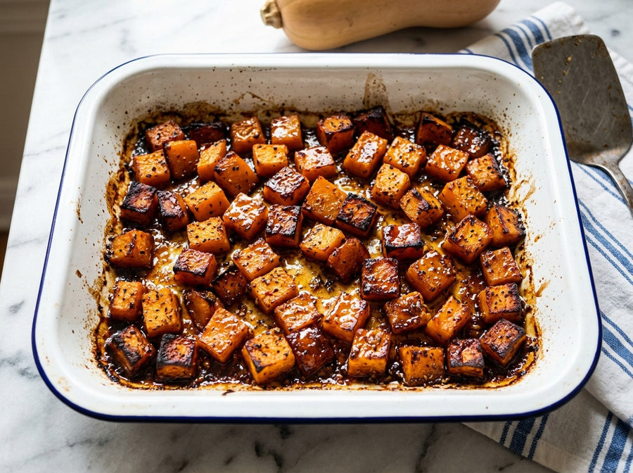 Roasted butternut squash cubes with caramelized edges