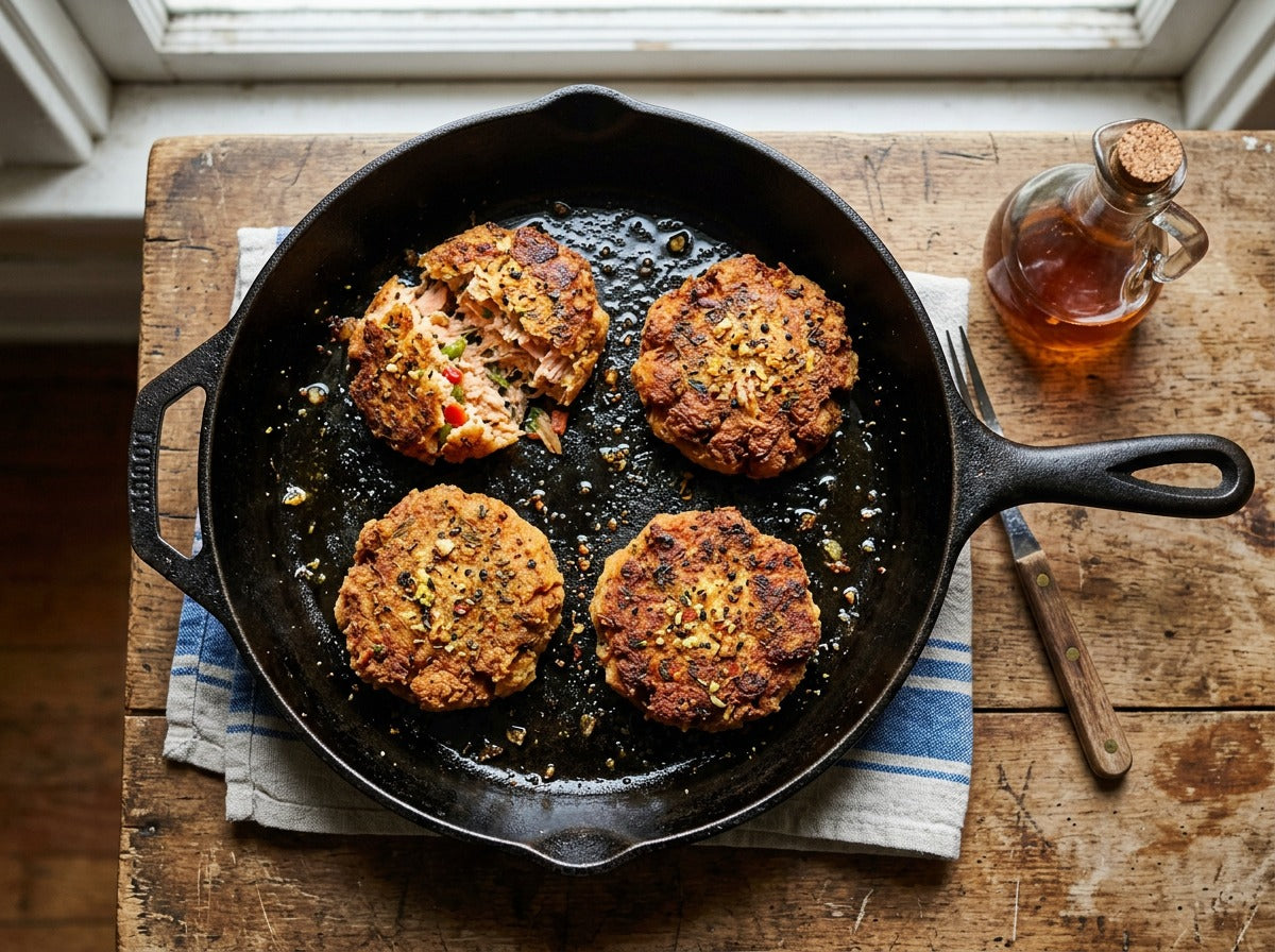 Golden salmon croquettes with crisp edges in a skillet