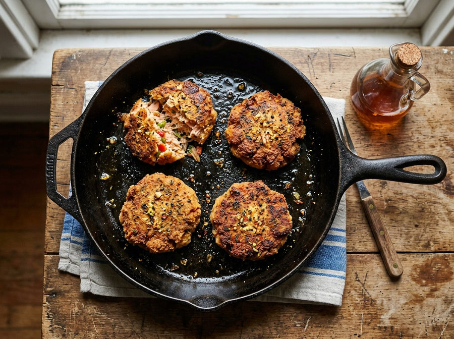 Golden salmon croquettes with crisp edges in a skillet