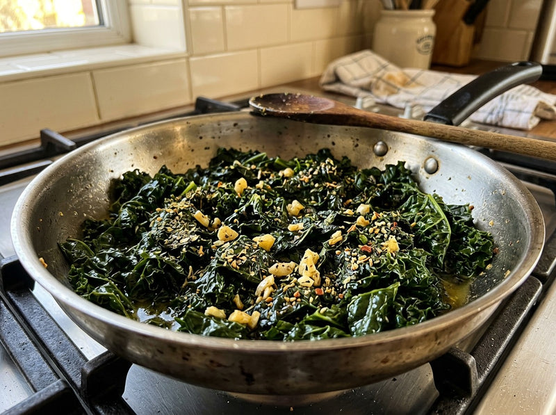 Sautéed curly kale with garlic in a skillet