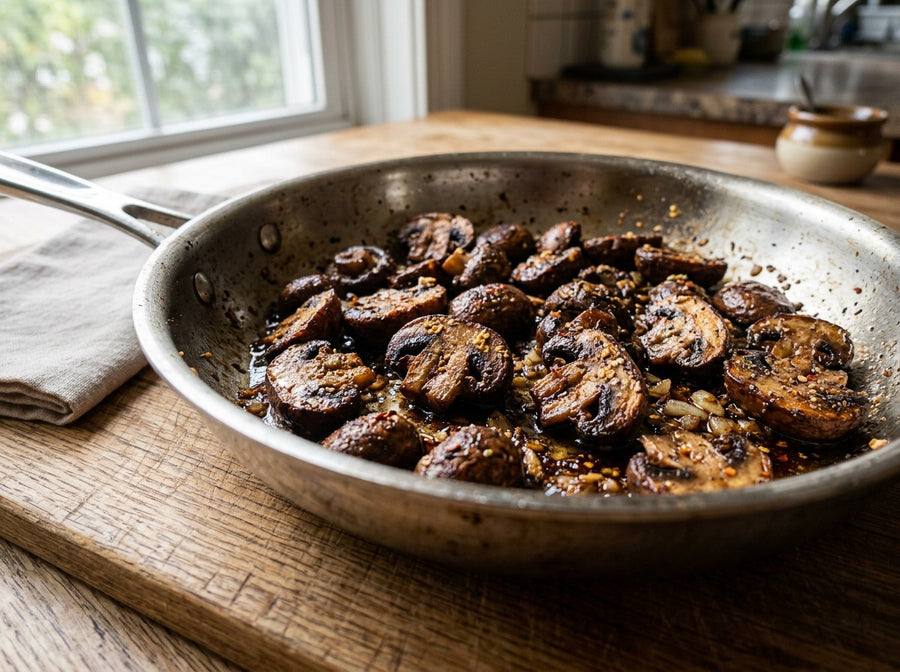 Deeply browned sautéed mushrooms in a skillet