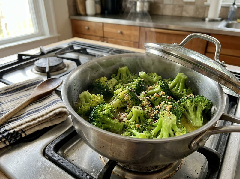 Steamed broccoli florets with butter in a stainless steel pot