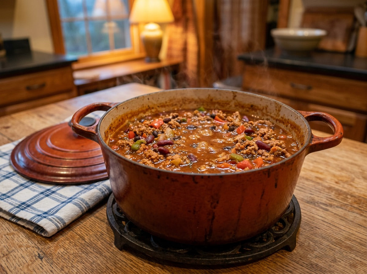 Thick turkey chili with beans and peppers in a Dutch oven