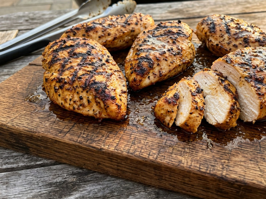 Grilled chicken breasts with dark grill marks on a wooden cutting board, one sliced to show a juicy center