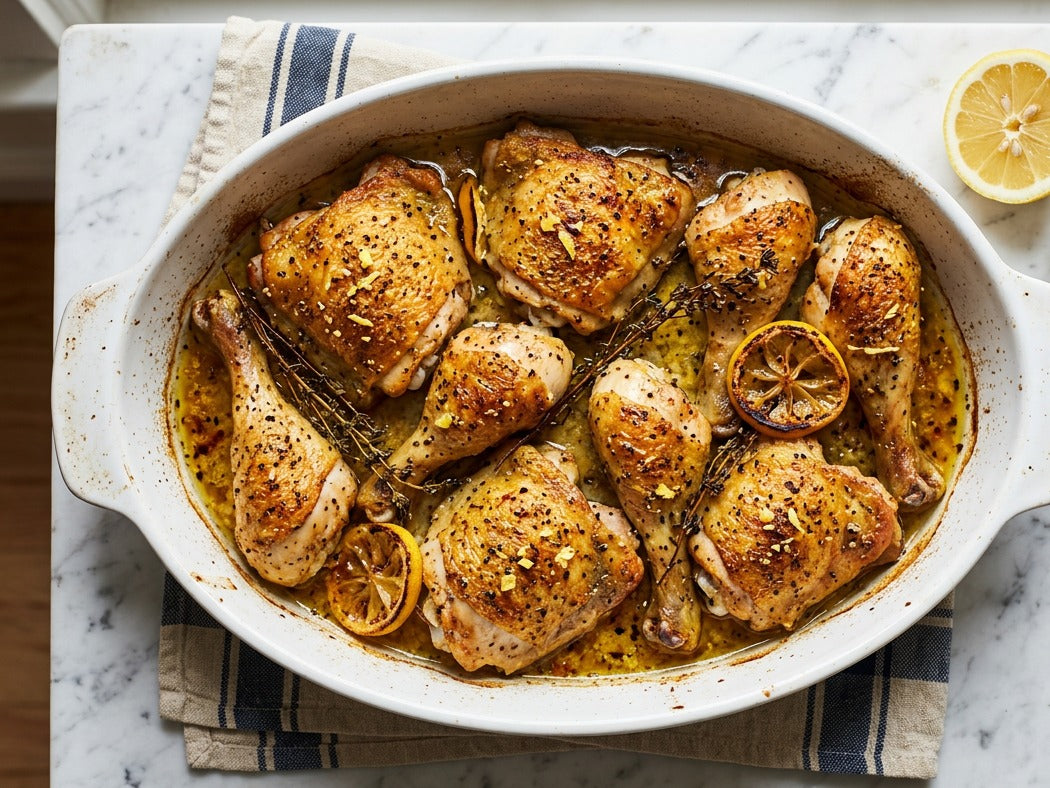 Lemon herb chicken thighs and drumsticks roasted in a white baking dish with charred lemon and thyme