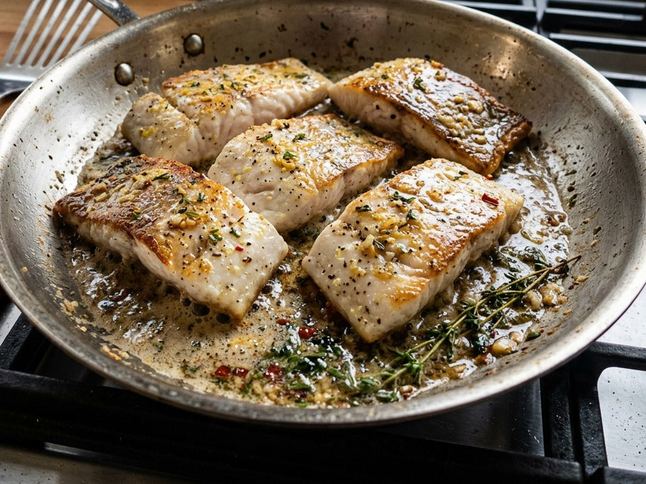 Pan-seared sea bass fillets in a stainless steel skillet with garlic herb butter and thyme