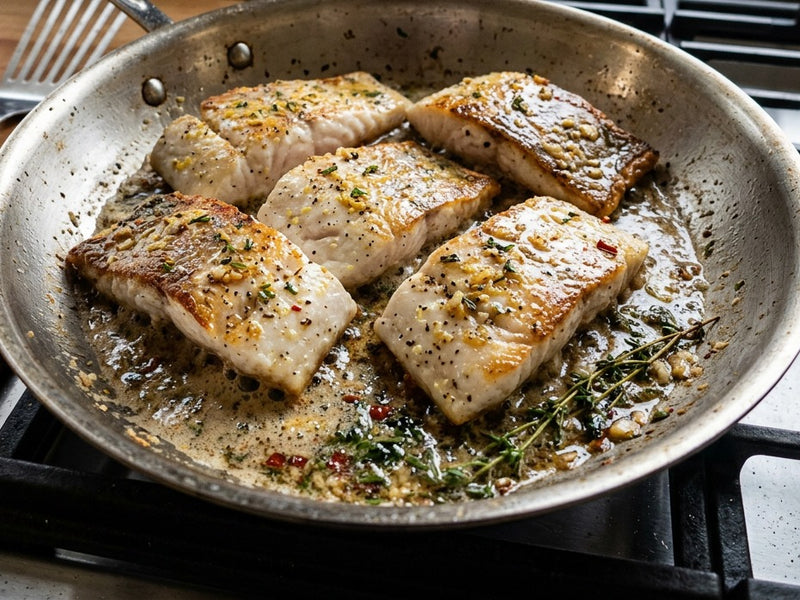 Pan-seared sea bass fillets in a stainless steel skillet with garlic herb butter and thyme