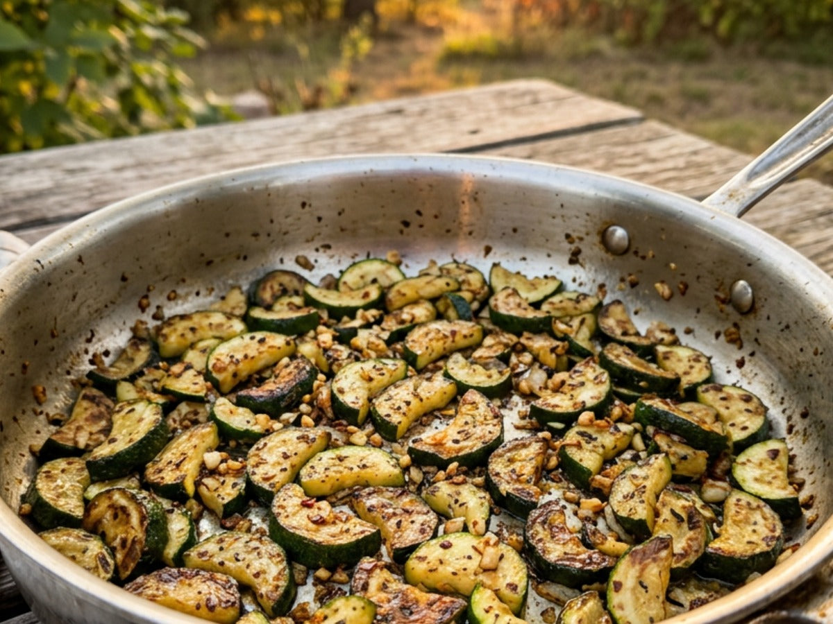 Golden-browned sautéed zucchini with garlic in a stainless steel pan on a wooden table outdoors