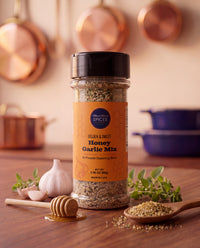 Honey Garlic Mix 5.5 oz jar on a kitchen counter