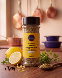Lemon Pepper Mix 5.5 oz jar on a kitchen counter