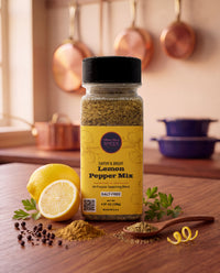 Lemon Pepper Mix 9.5 oz bottle on a kitchen counter
